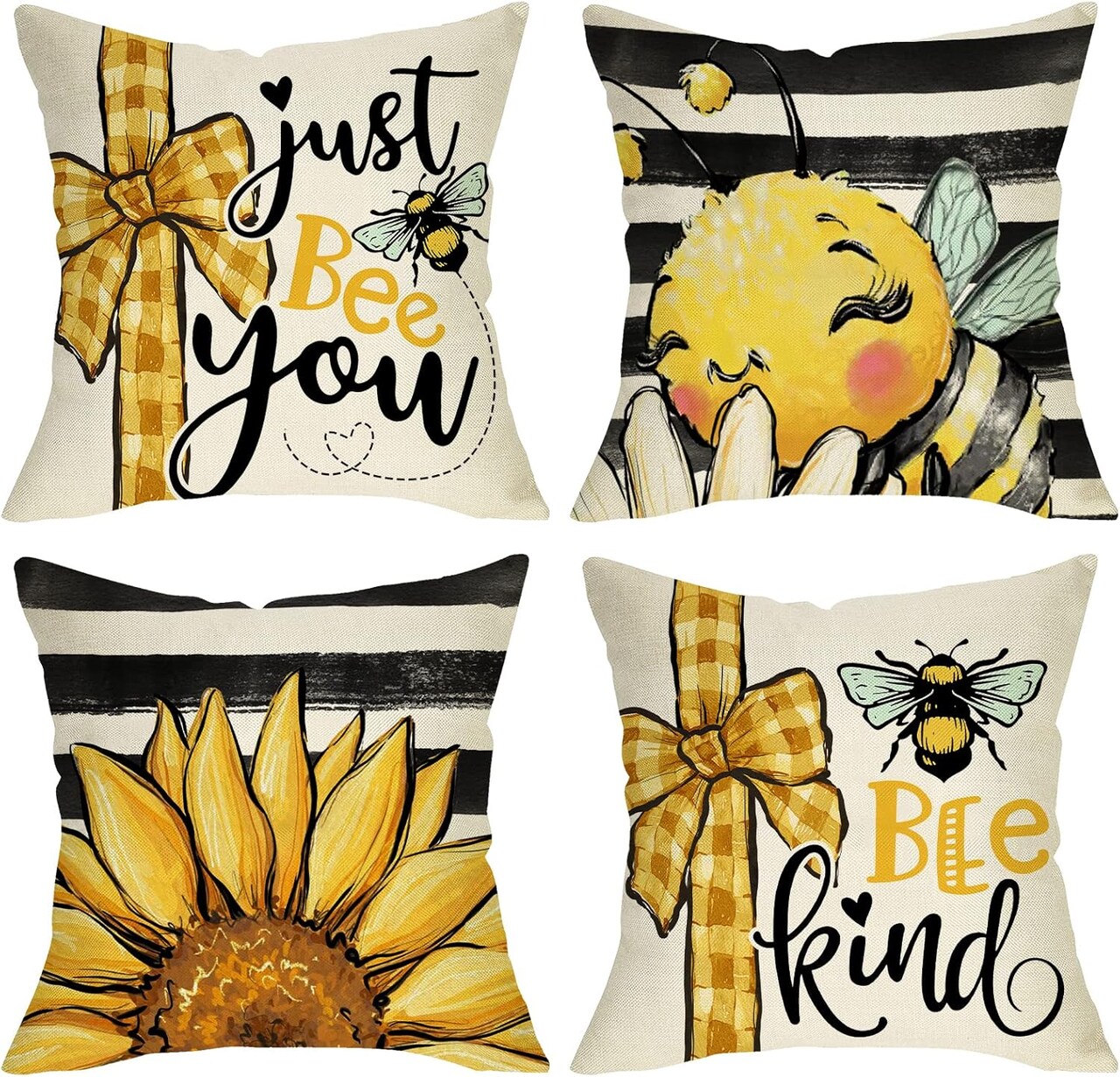 Spring Summer Bumble Bee Sunflower Decorative Throw Pillow Covers 16x16 Set of 4, Farmhouse Black White Stripe Home Decor, Yellow Buffalo Plaid Check Quote Outdoor Couch Cushion Case